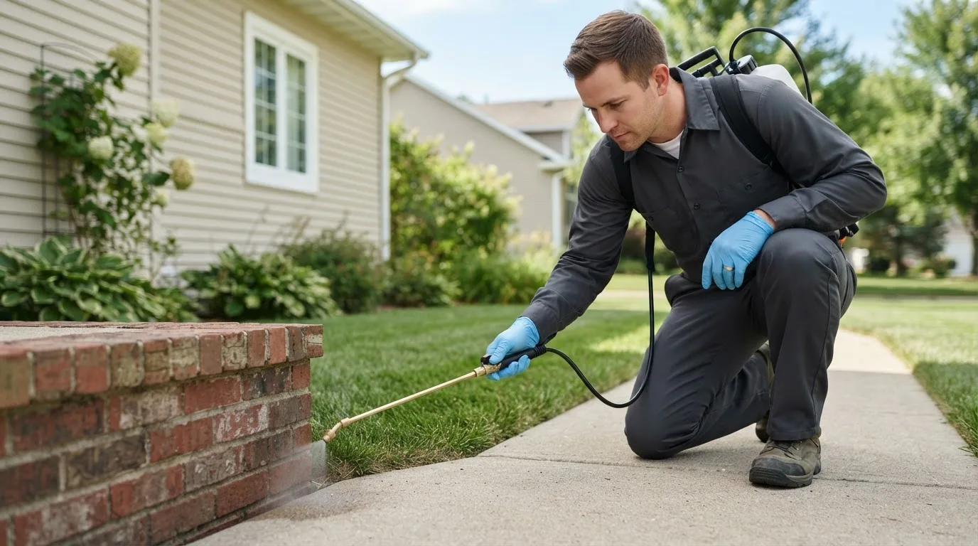 Pest control technician treating a home near Ayr, ND