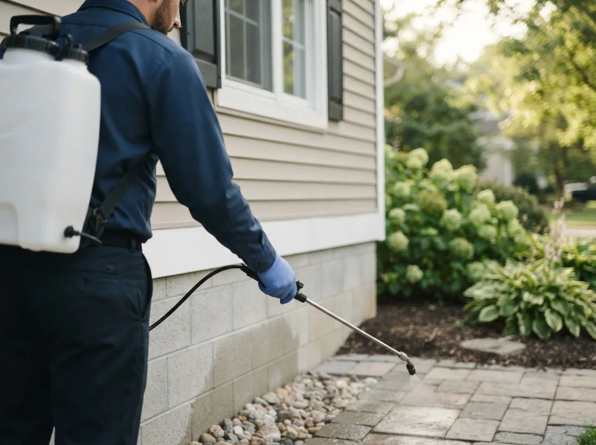 Pest control technician inspecting a home in Ayr, ND
